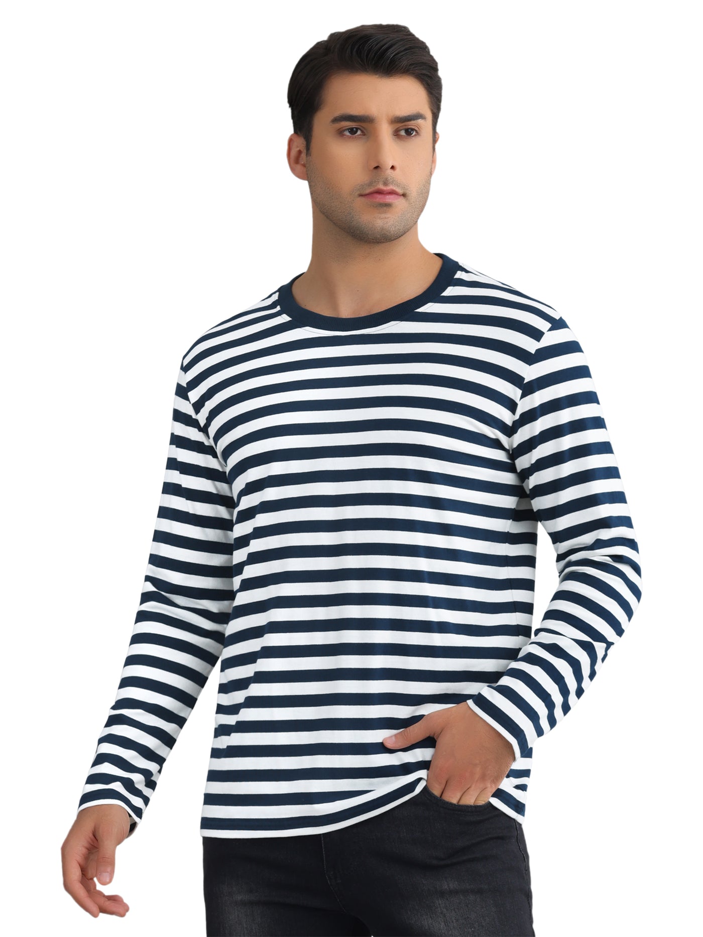 Bublédon Striped T Shirt for Men's Crew Neck Contrast Color Stripe Printed Pullover Top