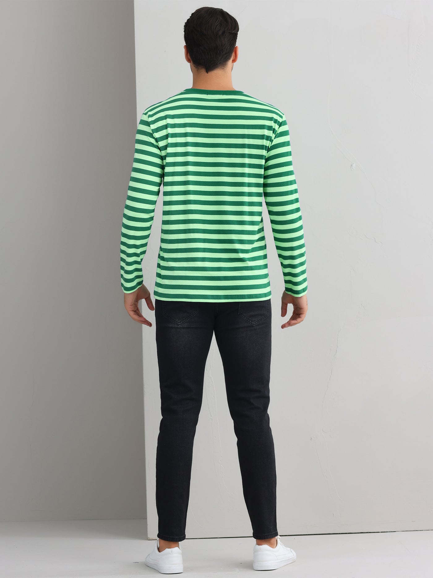 Bublédon Striped T Shirt for Men's Crew Neck Contrast Color Stripe Printed Pullover Top