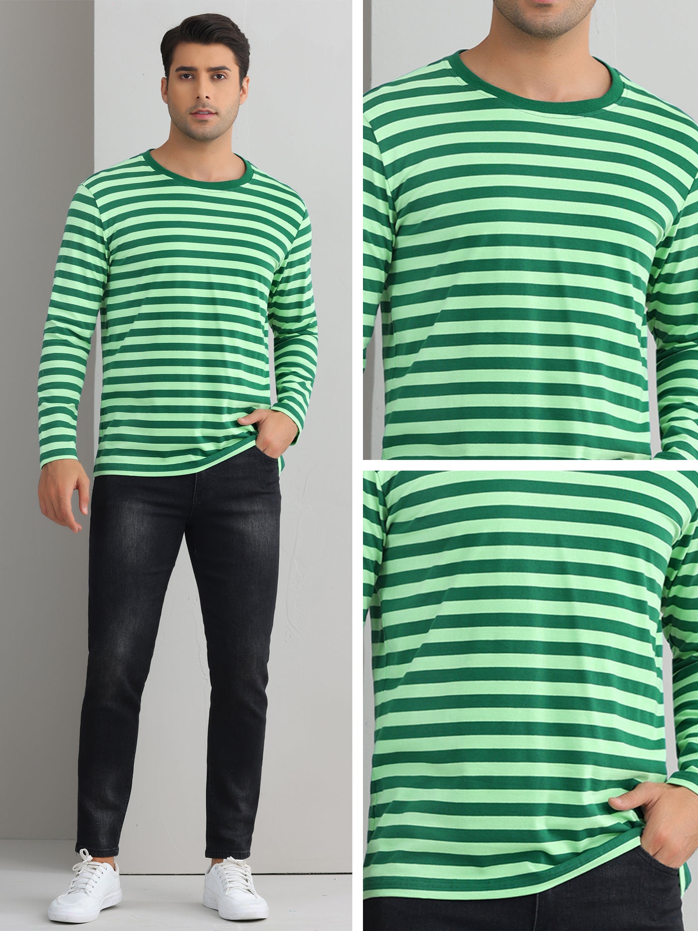 Bublédon Striped T Shirt for Men's Crew Neck Contrast Color Stripe Printed Pullover Top