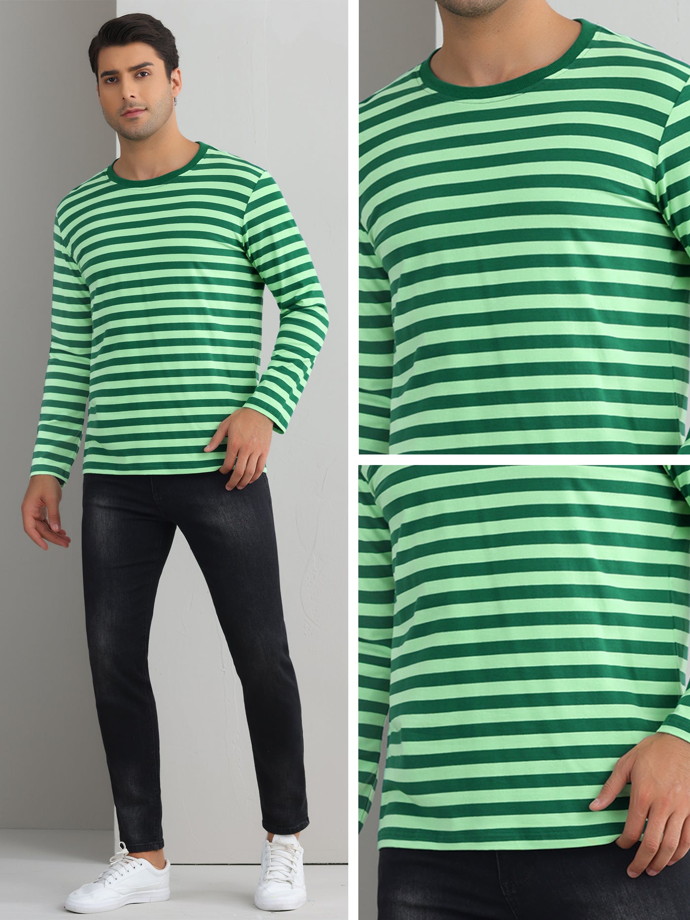 Bublédon Striped T Shirt for Men's Crew Neck Contrast Color Stripe Printed Pullover Top