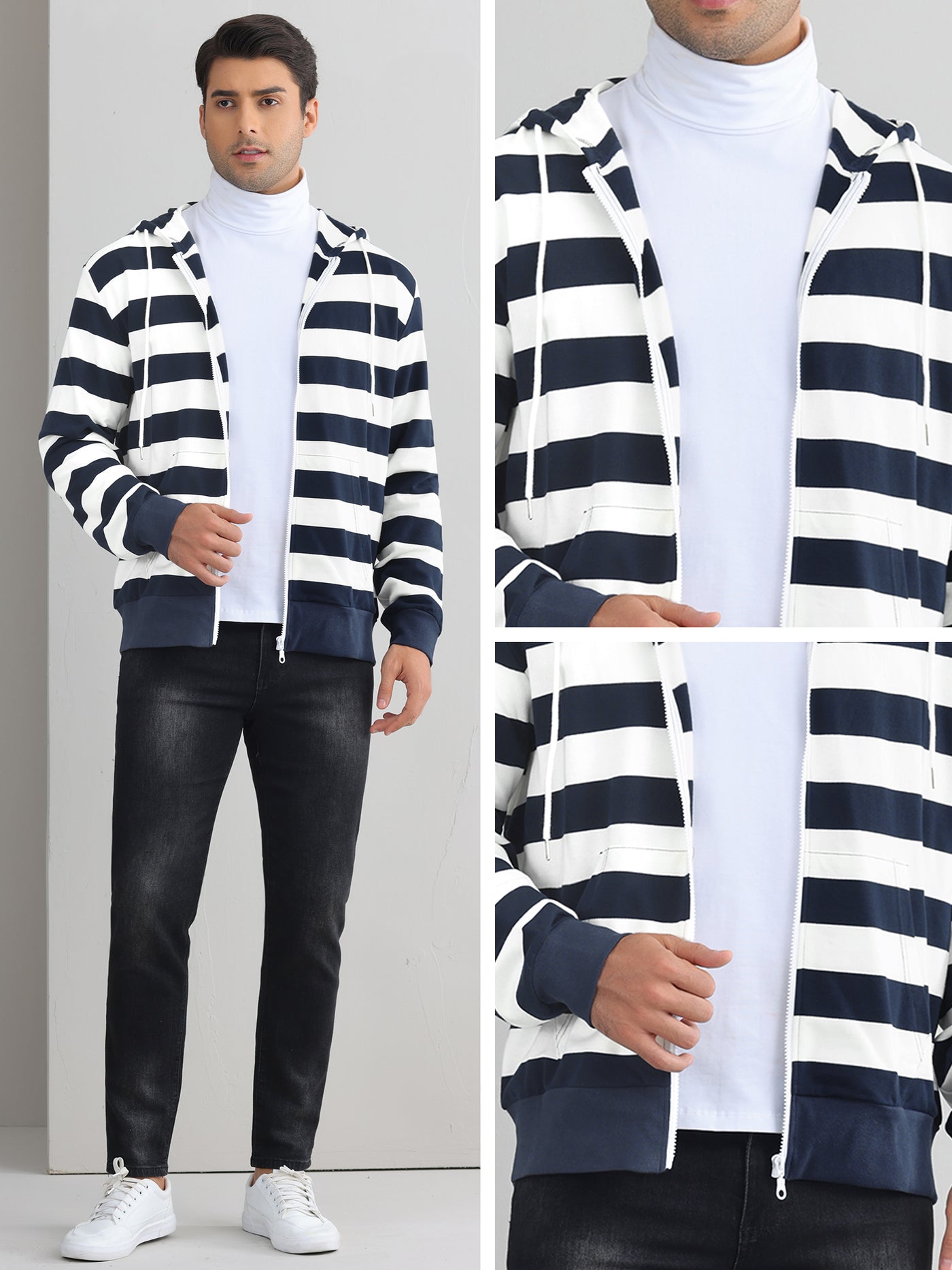 Bublédon Striped Hoodies for Men's Zip Up Long Sleeves Color Block Jackets with Pockets