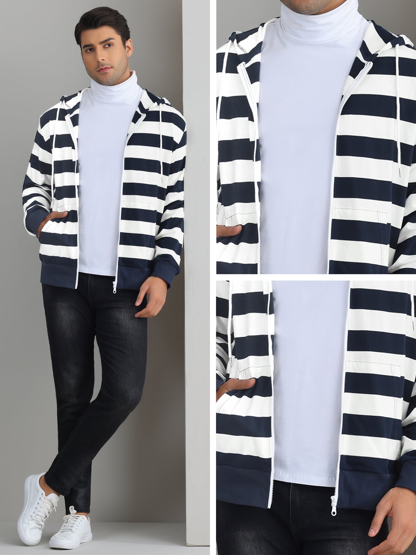 Bublédon Striped Hoodies for Men's Zip Up Long Sleeves Color Block Jackets with Pockets