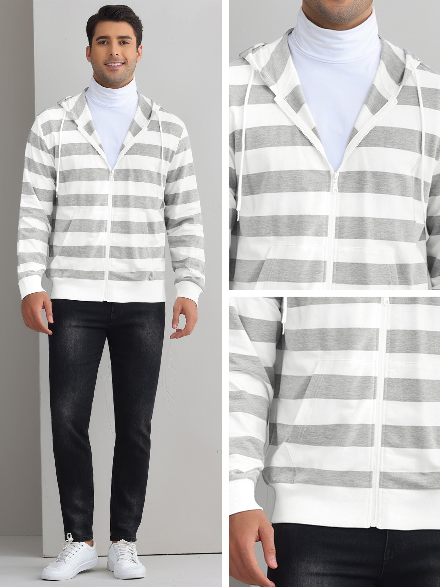 Bublédon Striped Hoodies for Men's Zip Up Long Sleeves Color Block Jackets with Pockets