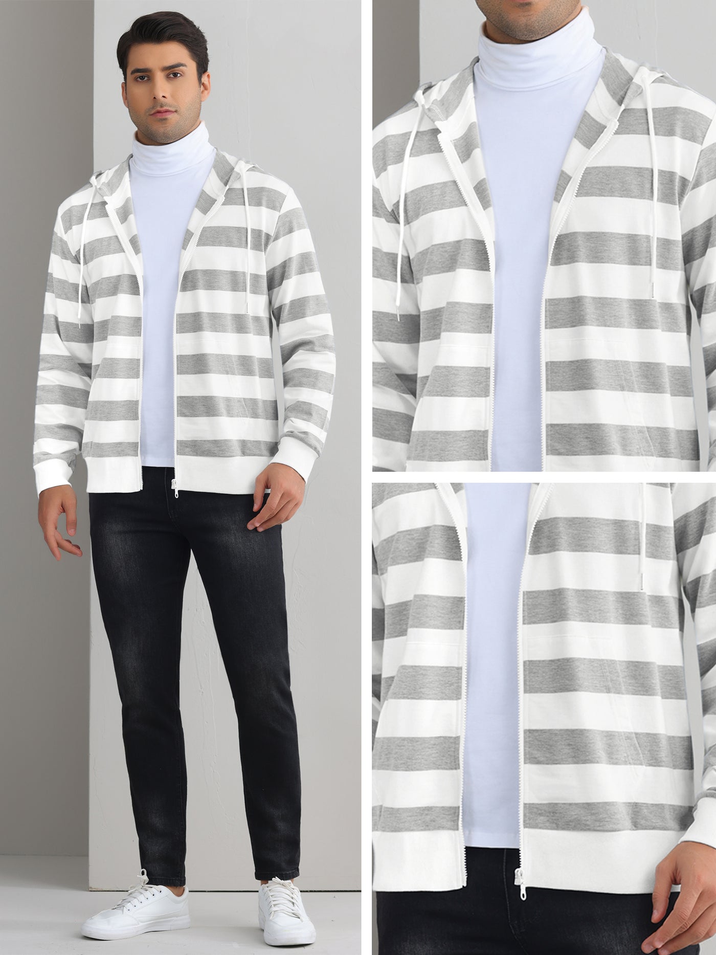 Bublédon Striped Hoodies for Men's Zip Up Long Sleeves Color Block Jackets with Pockets