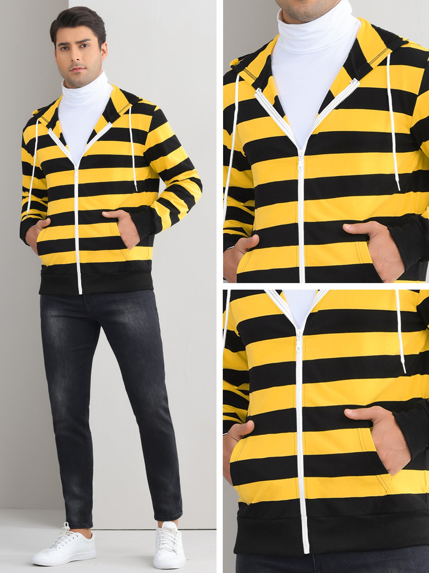 Bublédon Striped Hoodies for Men's Zip Up Long Sleeves Color Block Jackets with Pockets