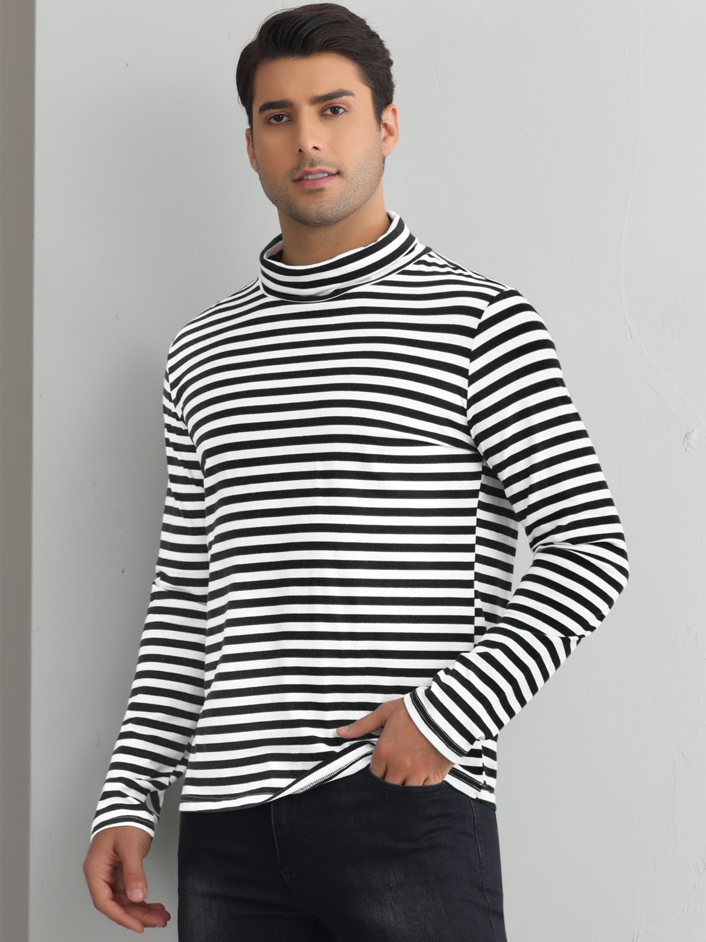 Bublédon Striped Turtleneck T-Shirts for Men's Long Sleeves Contrast Color Basic Pullover Tops