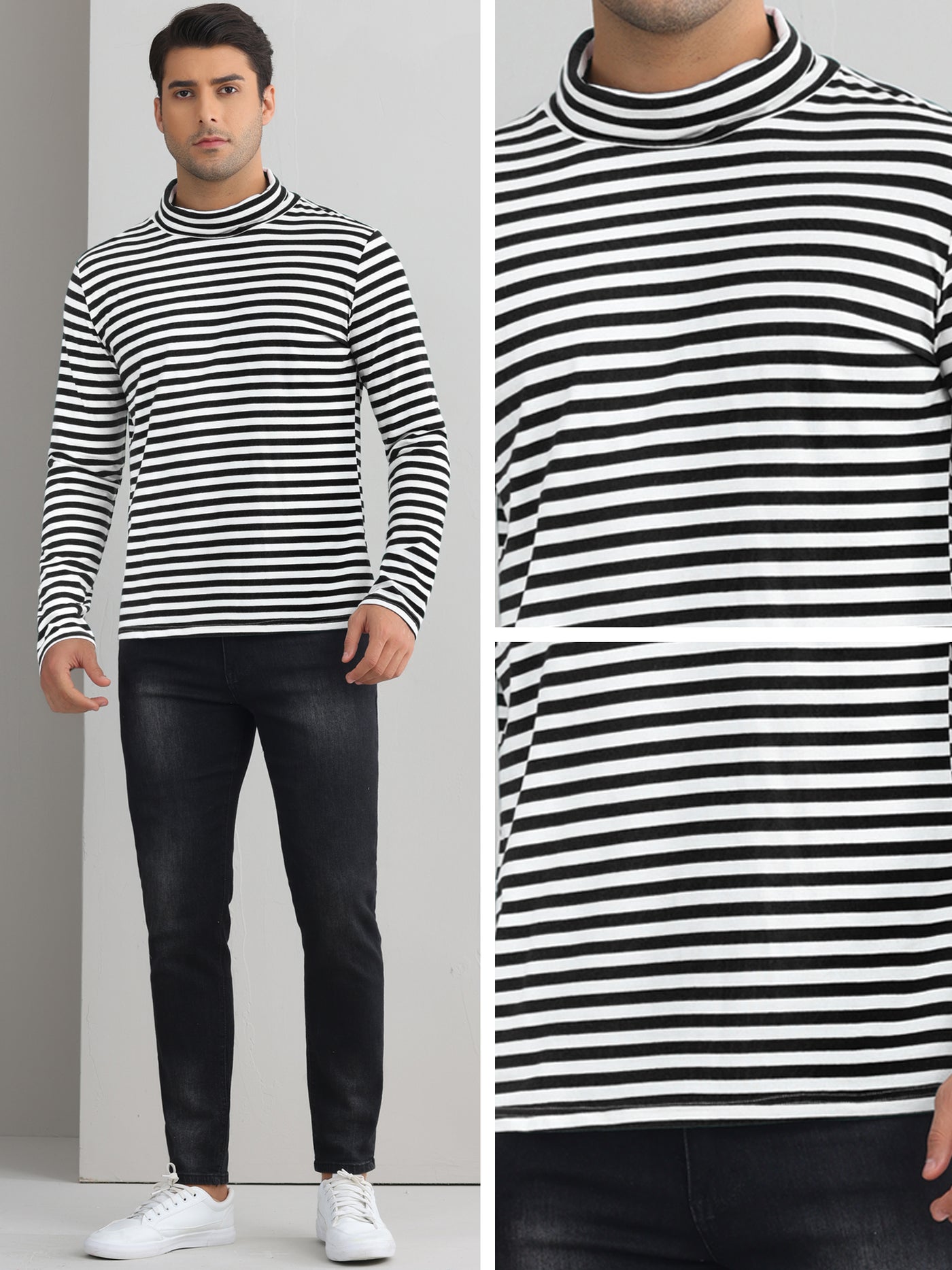 Bublédon Striped Turtleneck T-Shirts for Men's Long Sleeves Contrast Color Basic Pullover Tops