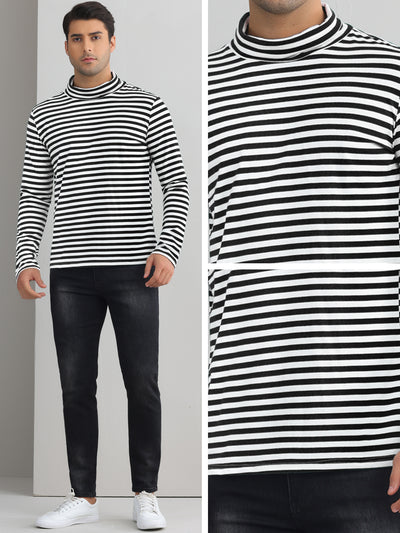 Striped Turtleneck T-Shirts for Men's Long Sleeves Contrast Color Basic Pullover Tops