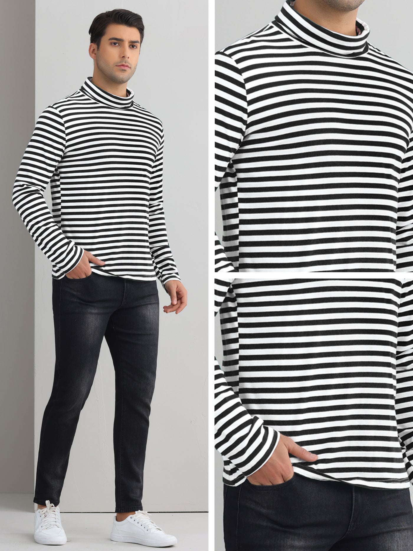 Bublédon Striped Turtleneck T-Shirts for Men's Long Sleeves Contrast Color Basic Pullover Tops