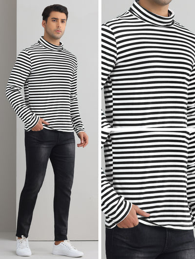 Striped Turtleneck T-Shirts for Men's Long Sleeves Contrast Color Basic Pullover Tops