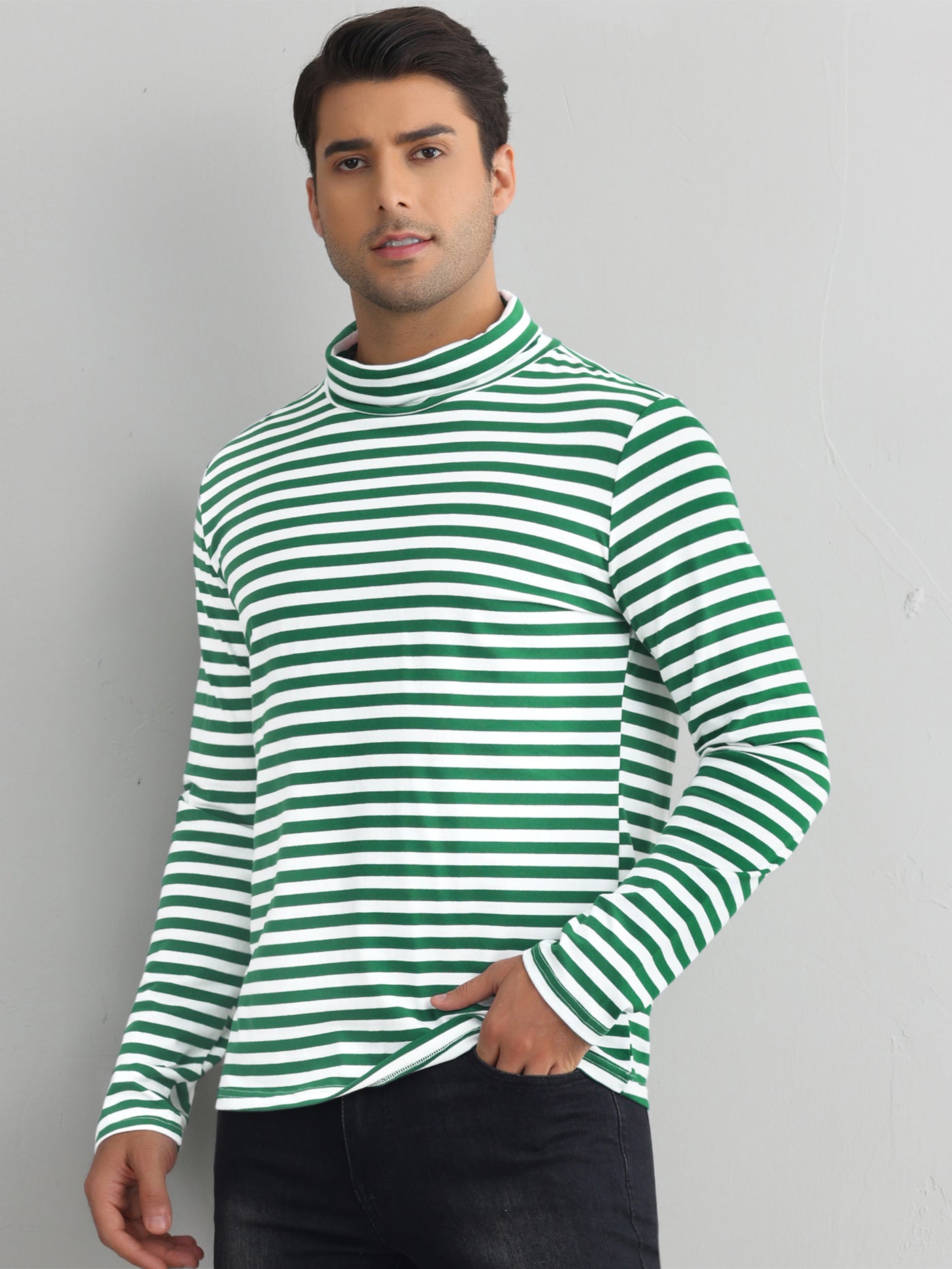 Bublédon Striped Turtleneck T-Shirts for Men's Long Sleeves Contrast Color Basic Pullover Tops