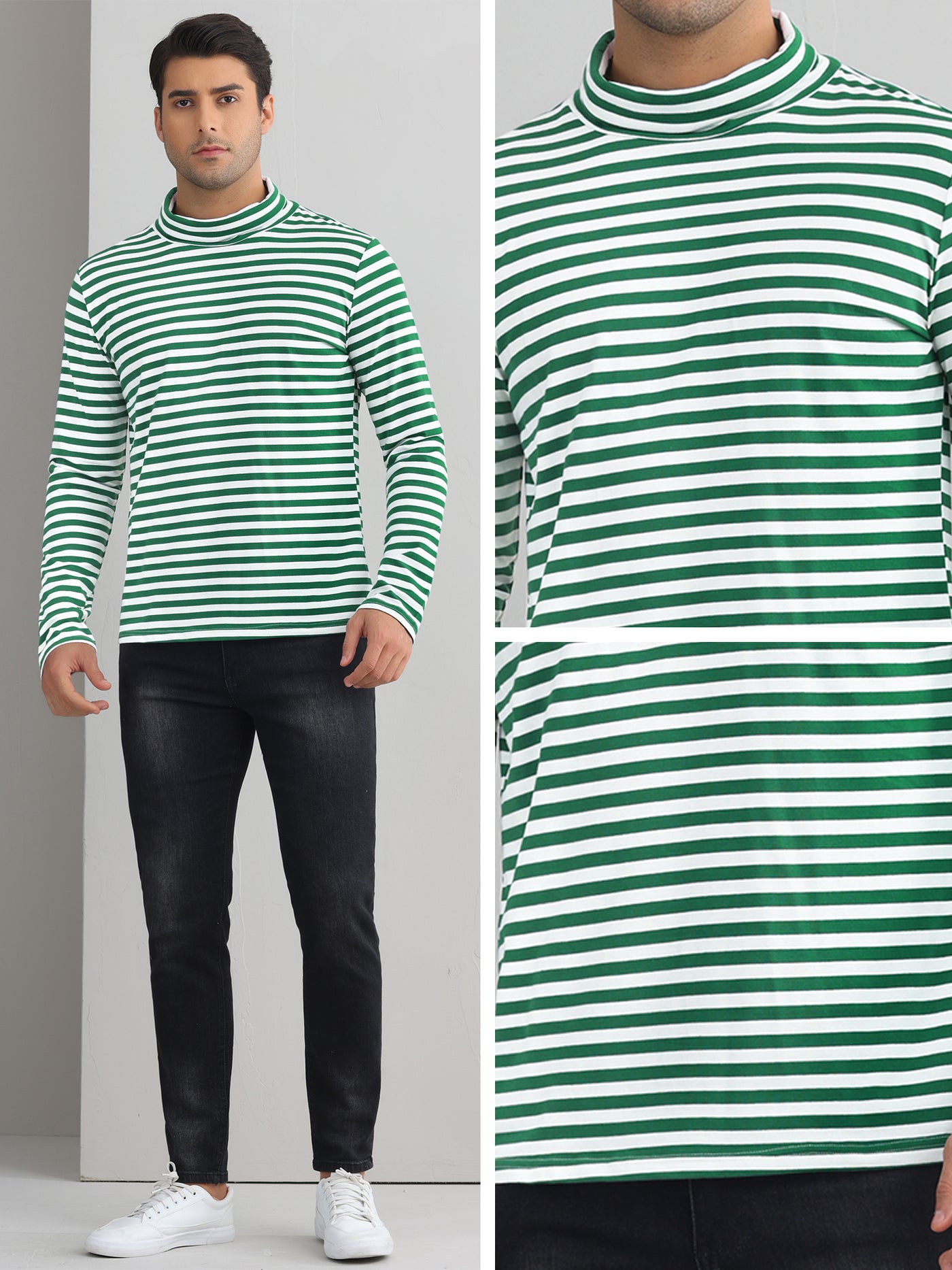 Bublédon Striped Turtleneck T-Shirts for Men's Long Sleeves Contrast Color Basic Pullover Tops