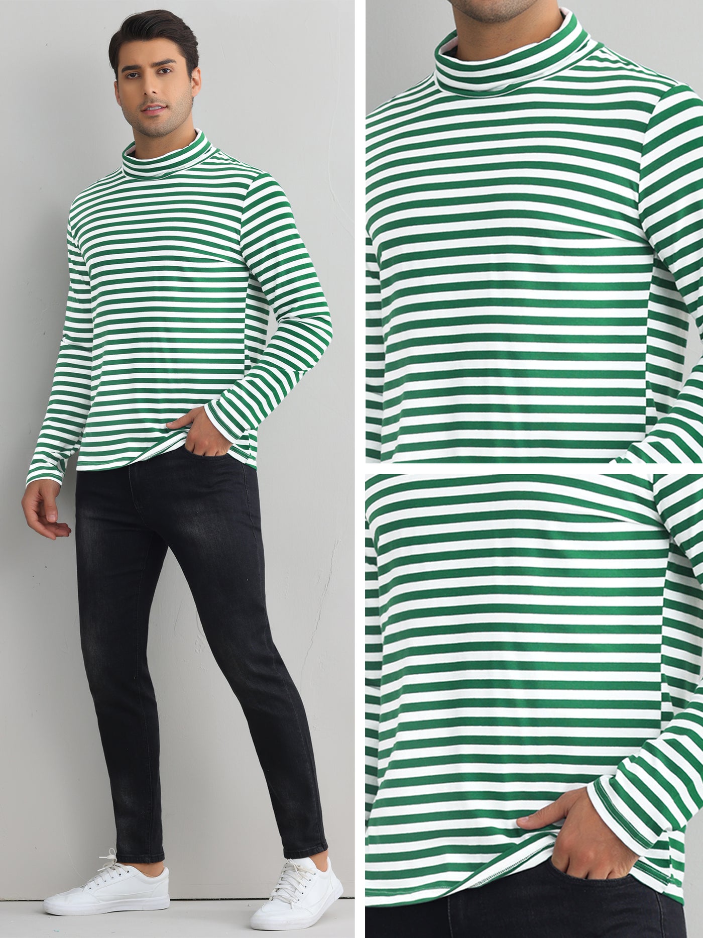 Bublédon Striped Turtleneck T-Shirts for Men's Long Sleeves Contrast Color Basic Pullover Tops