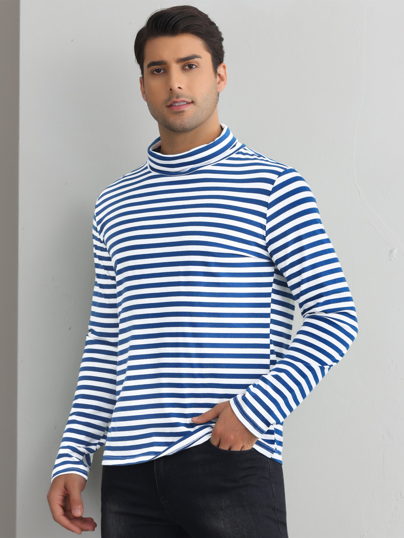 Bublédon Striped Turtleneck T-Shirts for Men's Long Sleeves Contrast Color Basic Pullover Tops