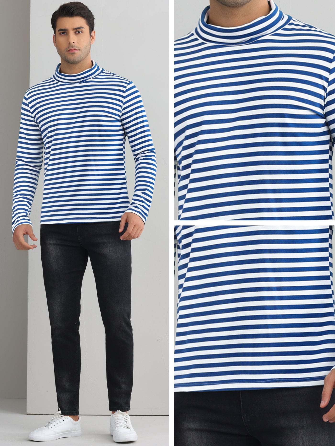 Bublédon Striped Turtleneck T-Shirts for Men's Long Sleeves Contrast Color Basic Pullover Tops