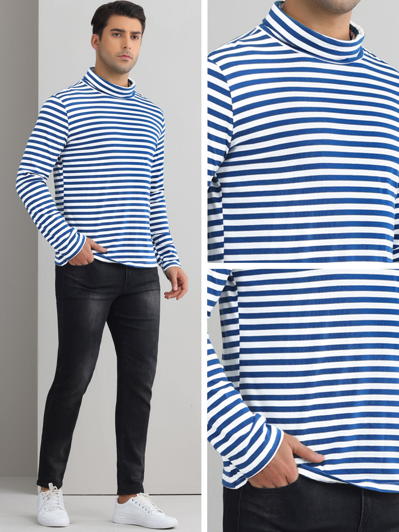 Bublédon Striped Turtleneck T-Shirts for Men's Long Sleeves Contrast Color Basic Pullover Tops