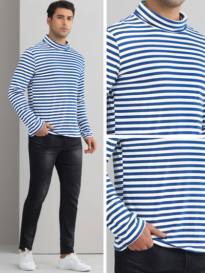 Striped Turtleneck T-Shirts for Men's Long Sleeves Contrast Color Basic Pullover Tops