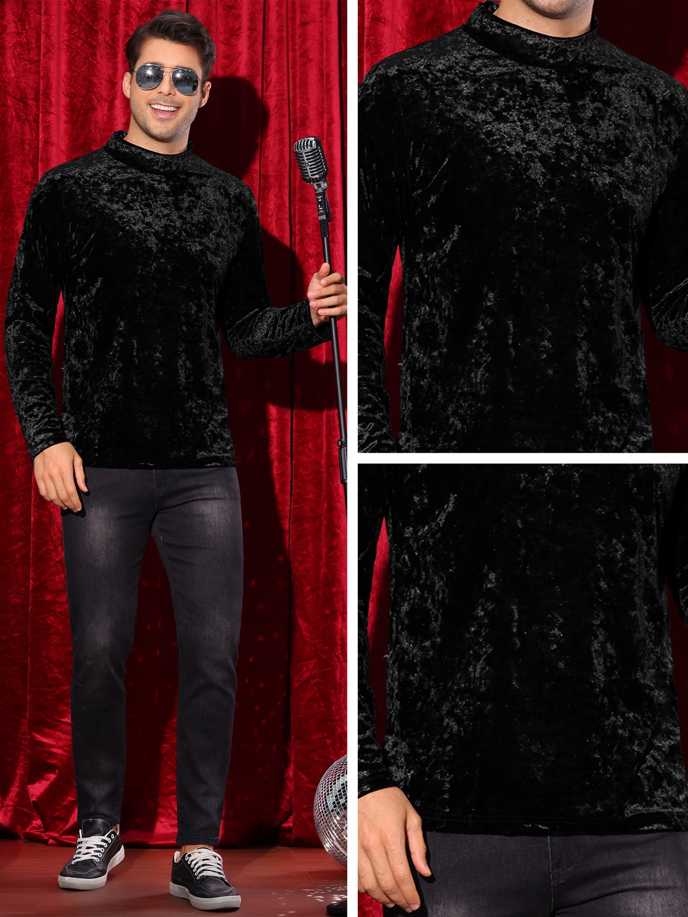 Bublédon Velvet T-Shirt for Men's Mock Turtleneck Long Sleeves Velour Basic Tee Tops