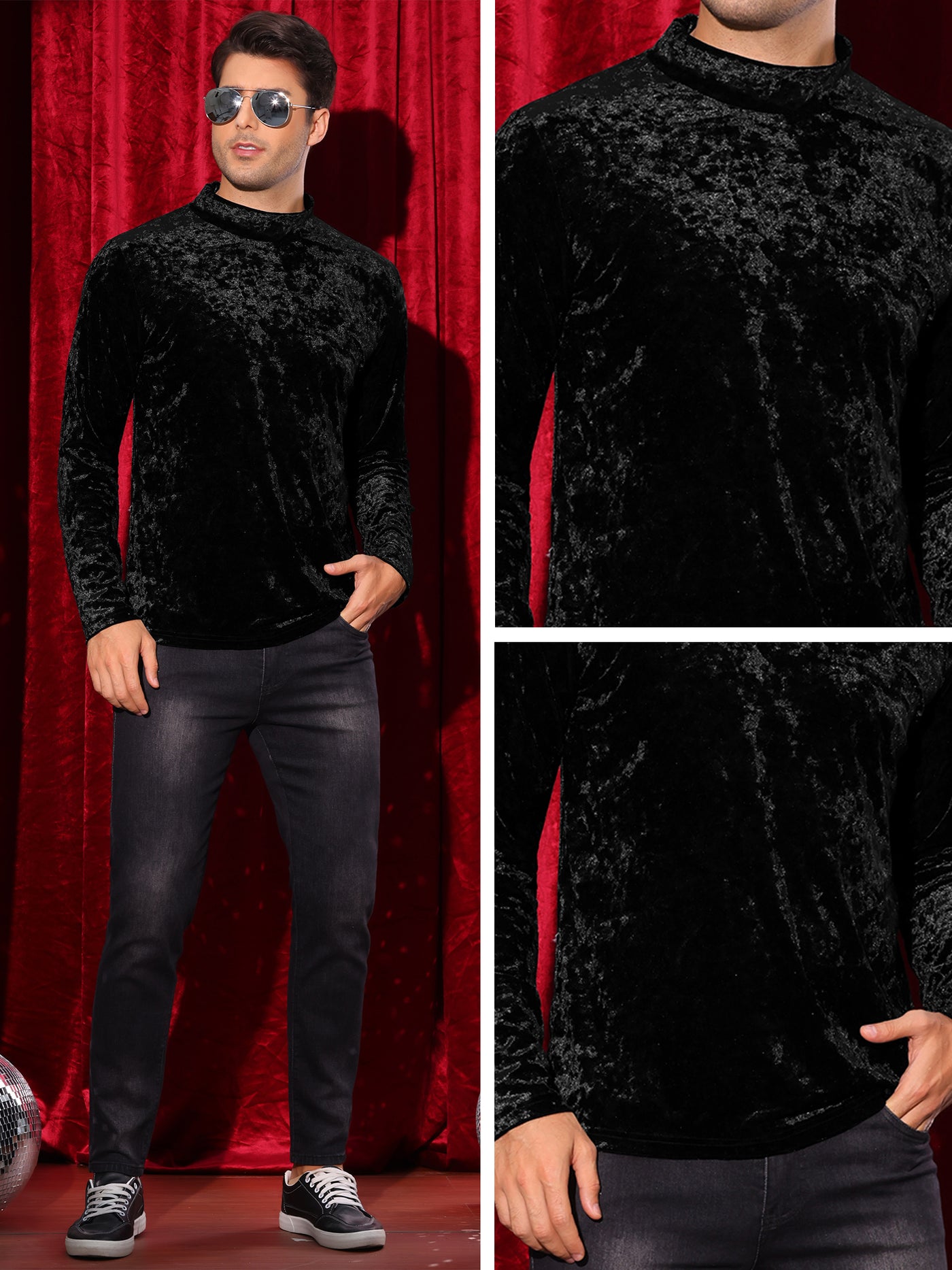 Bublédon Velvet T-Shirt for Men's Mock Turtleneck Long Sleeves Velour Basic Tee Tops