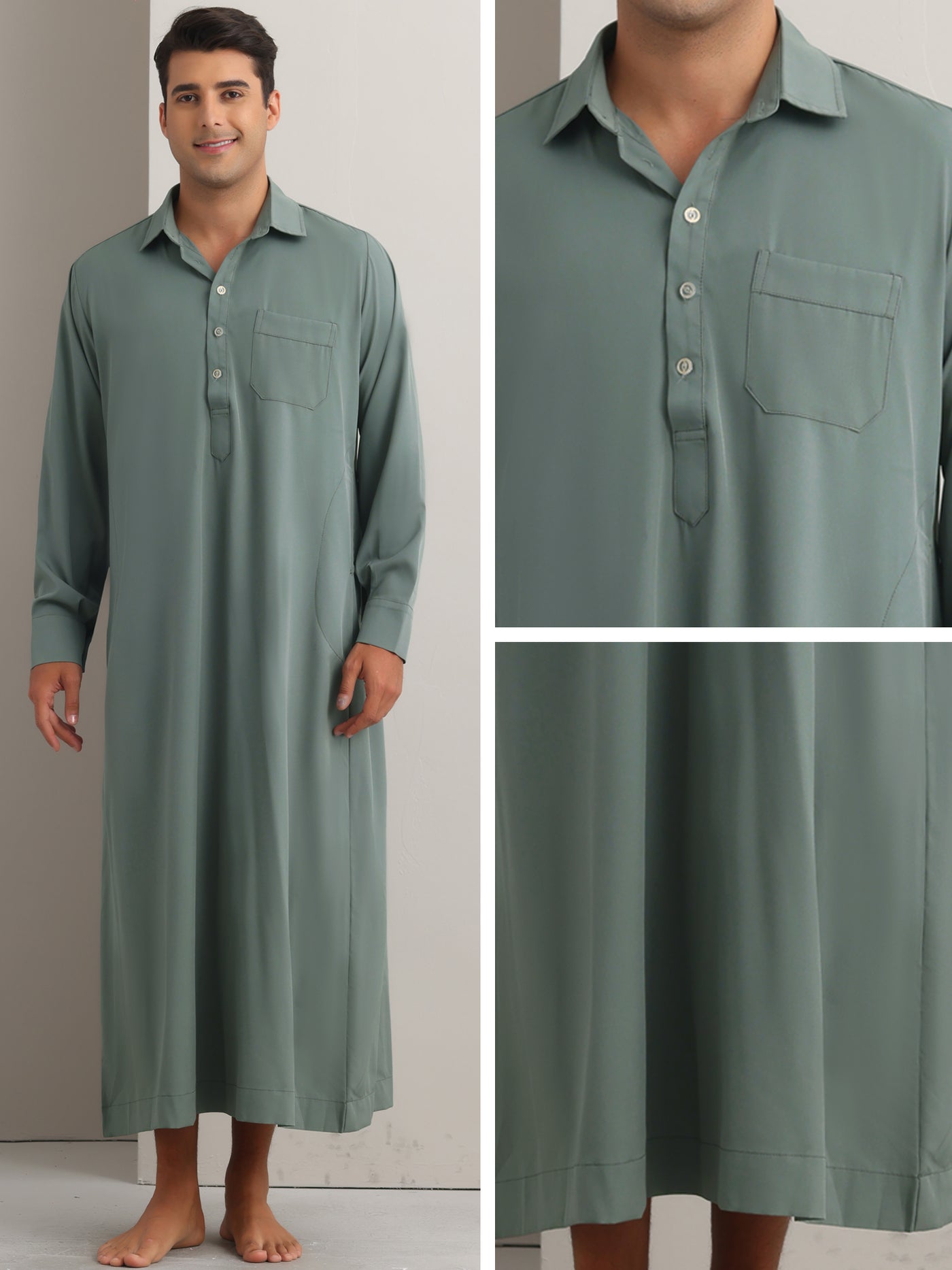 Bublédon Nightshirt for Men's Long Sleeves Collared Neck Full Length Sleep Shirt Nightwear