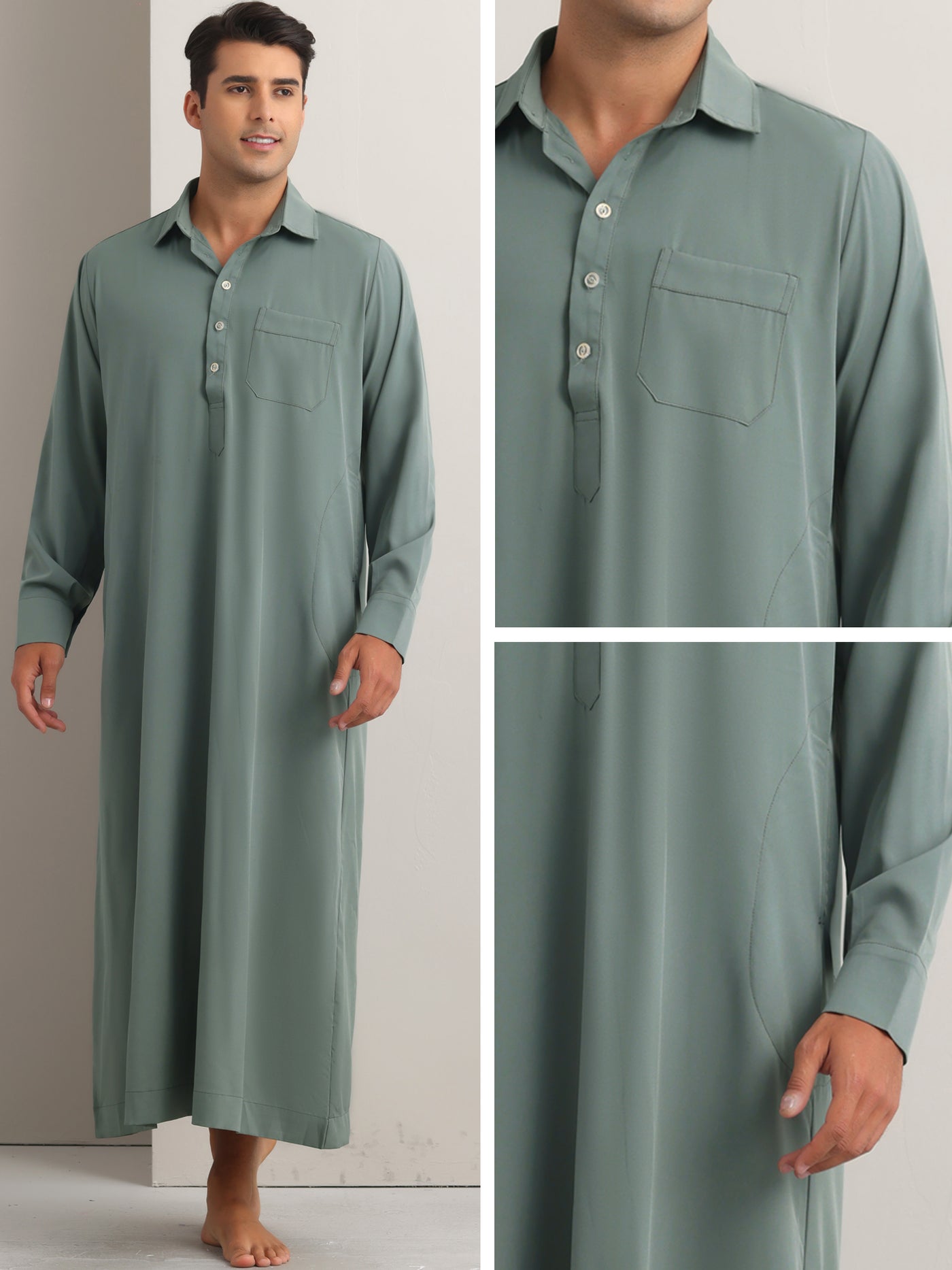 Bublédon Nightshirt for Men's Long Sleeves Collared Neck Full Length Sleep Shirt Nightwear