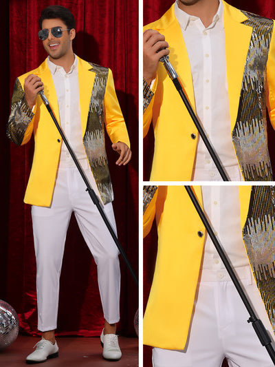 Sequin Blazer for Men's Color Block Notched Lapel Party Sparkle Sports Coat