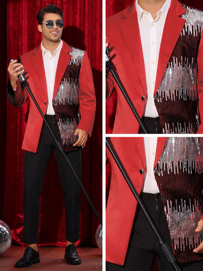 Sequin Blazer for Men's Color Block Notched Lapel Party Sparkle Sports Coat