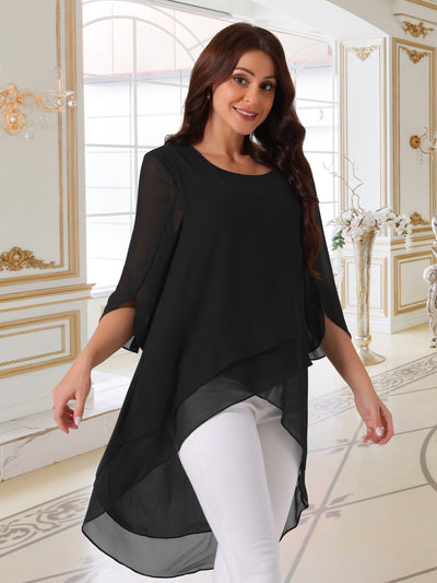 Women's 3/4 Sleeve Round Neck High Low Asymmetrical Irregular Hem Casual Tops Blouse