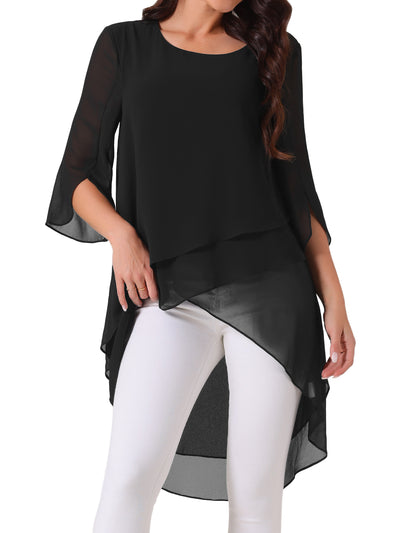 Women's 3/4 Sleeve Round Neck High Low Asymmetrical Irregular Hem Casual Tops Blouse