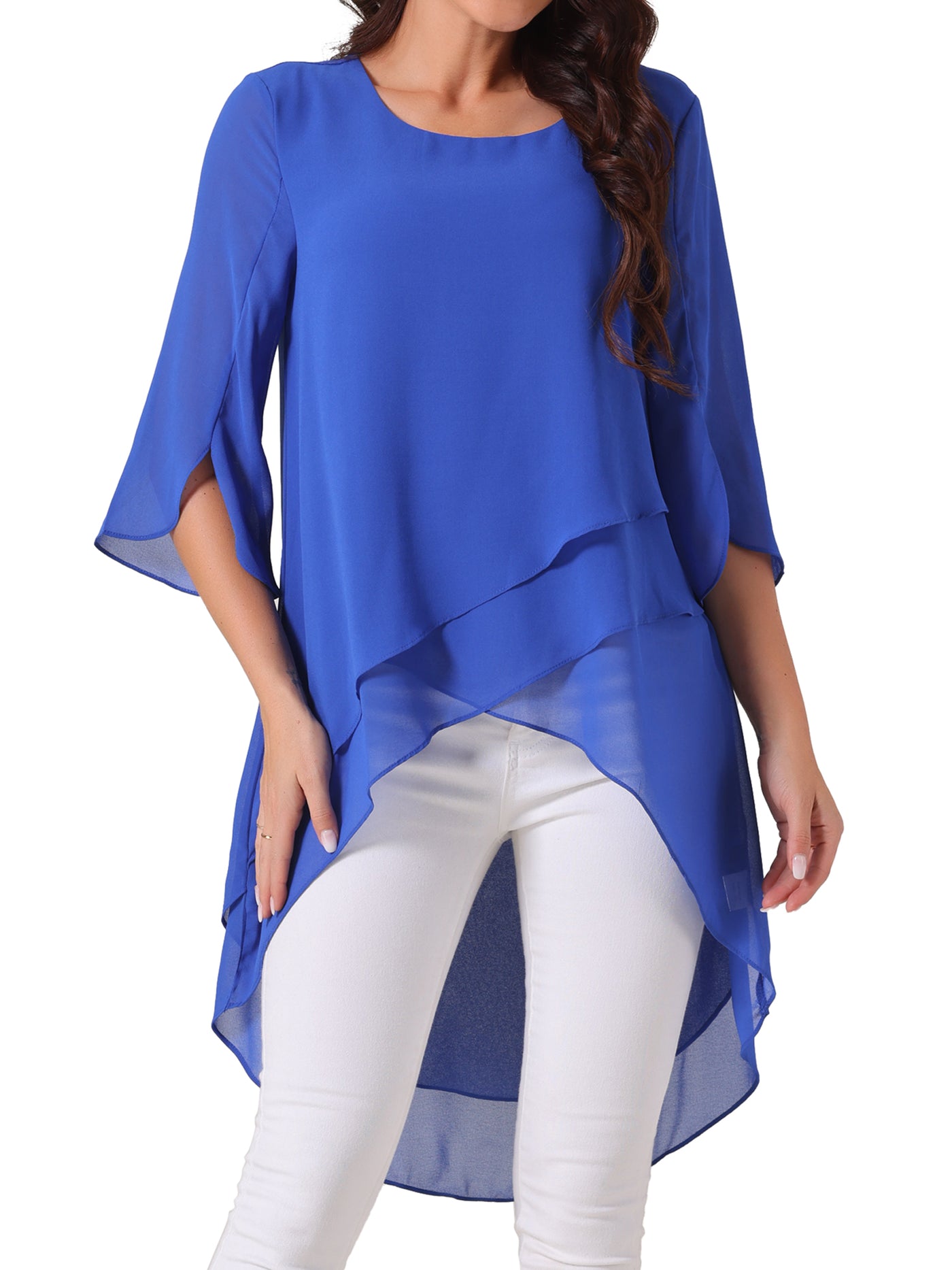 Bublédon Women's 3/4 Sleeve Round Neck High Low Asymmetrical Irregular Hem Casual Tops Blouse