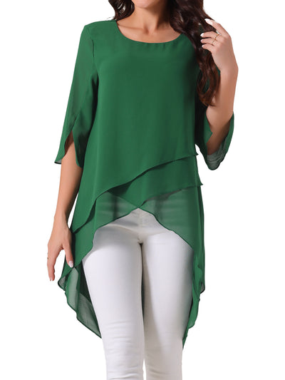 Women's 3/4 Sleeve Round Neck High Low Asymmetrical Irregular Hem Casual Tops Blouse