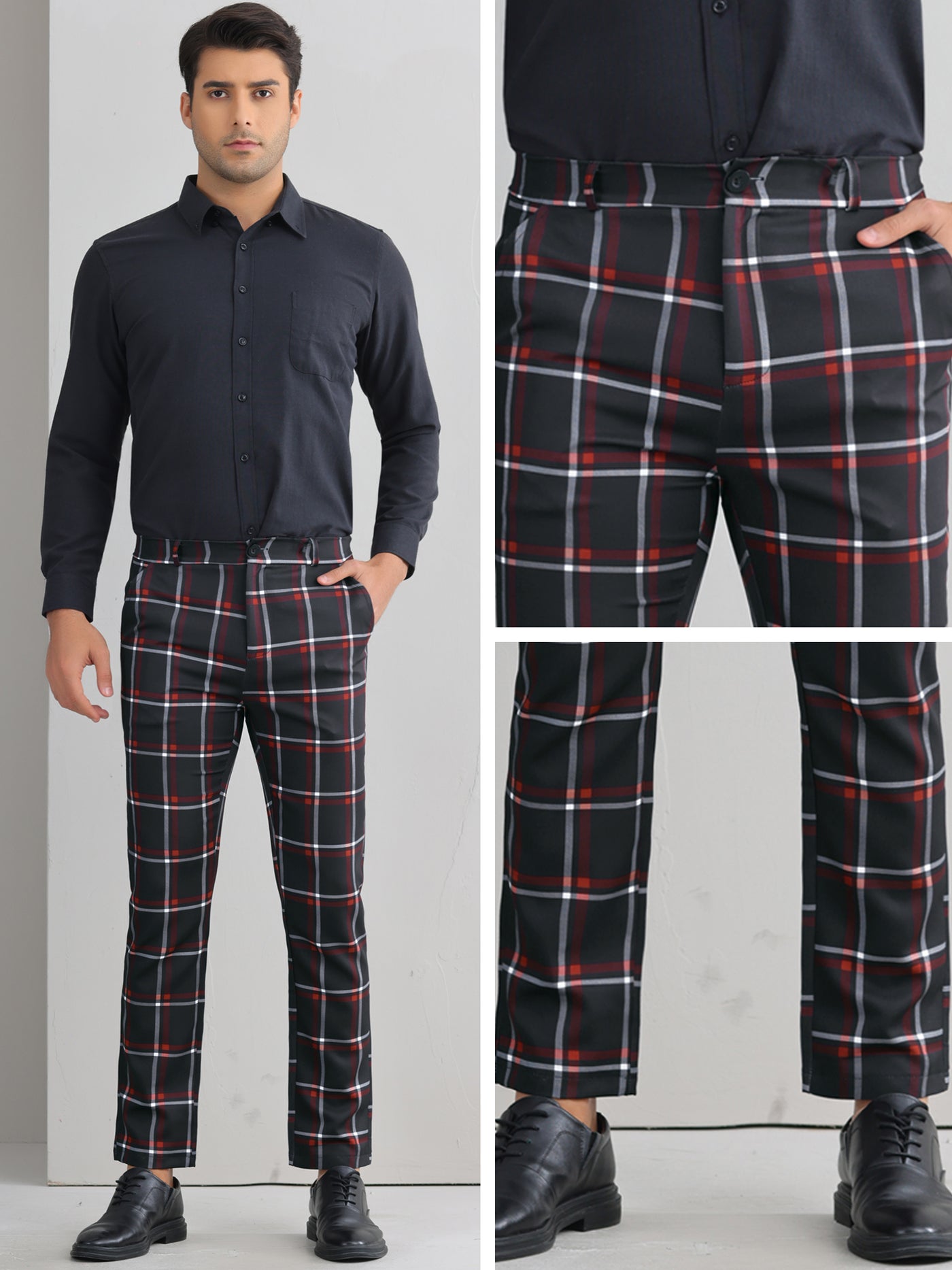 Bublédon Plaid Printed Pants for Men's Regular Fit Flat Front Office Checked Slacks