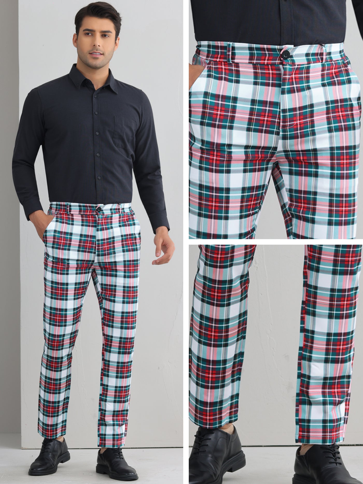 Bublédon Plaid Printed Trousers for Men's Color Block Regular Fit Checked Dress Pants