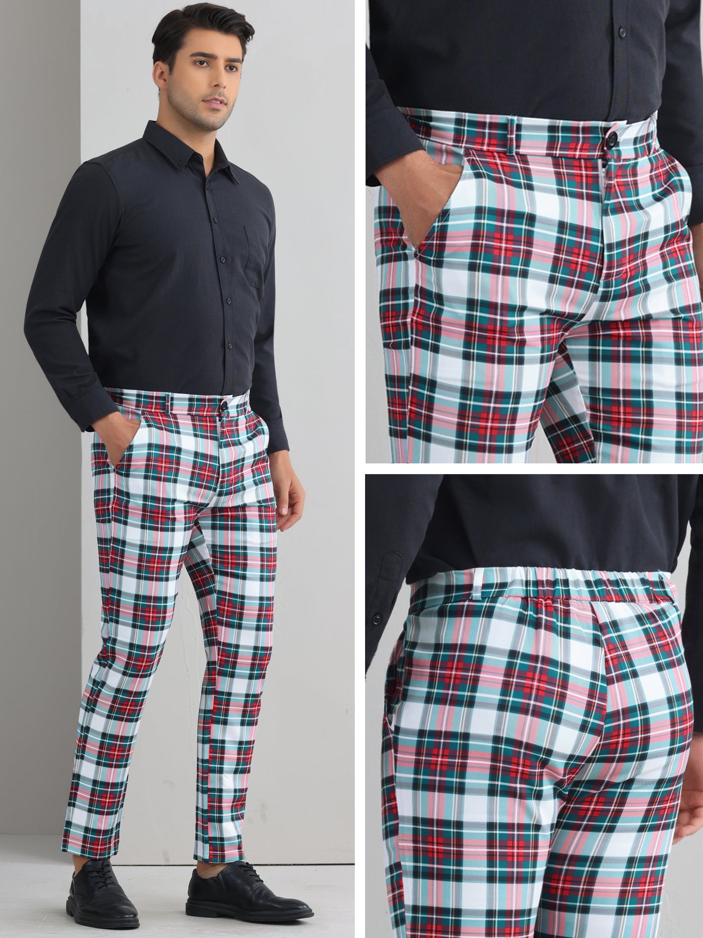 Bublédon Plaid Printed Trousers for Men's Color Block Regular Fit Checked Dress Pants