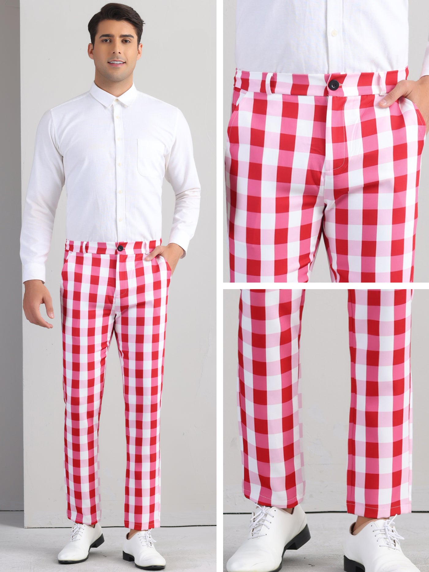 Bublédon Plaid Pants for Men's Regular Fit Flat Front Business Contrast Color Trousers