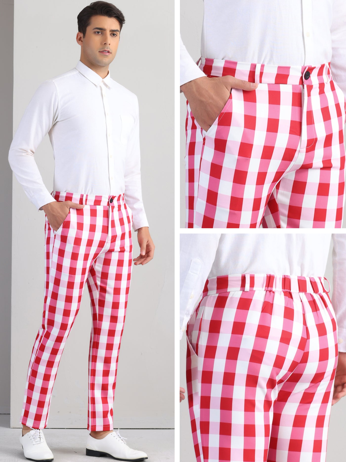 Bublédon Plaid Pants for Men's Regular Fit Flat Front Business Contrast Color Trousers