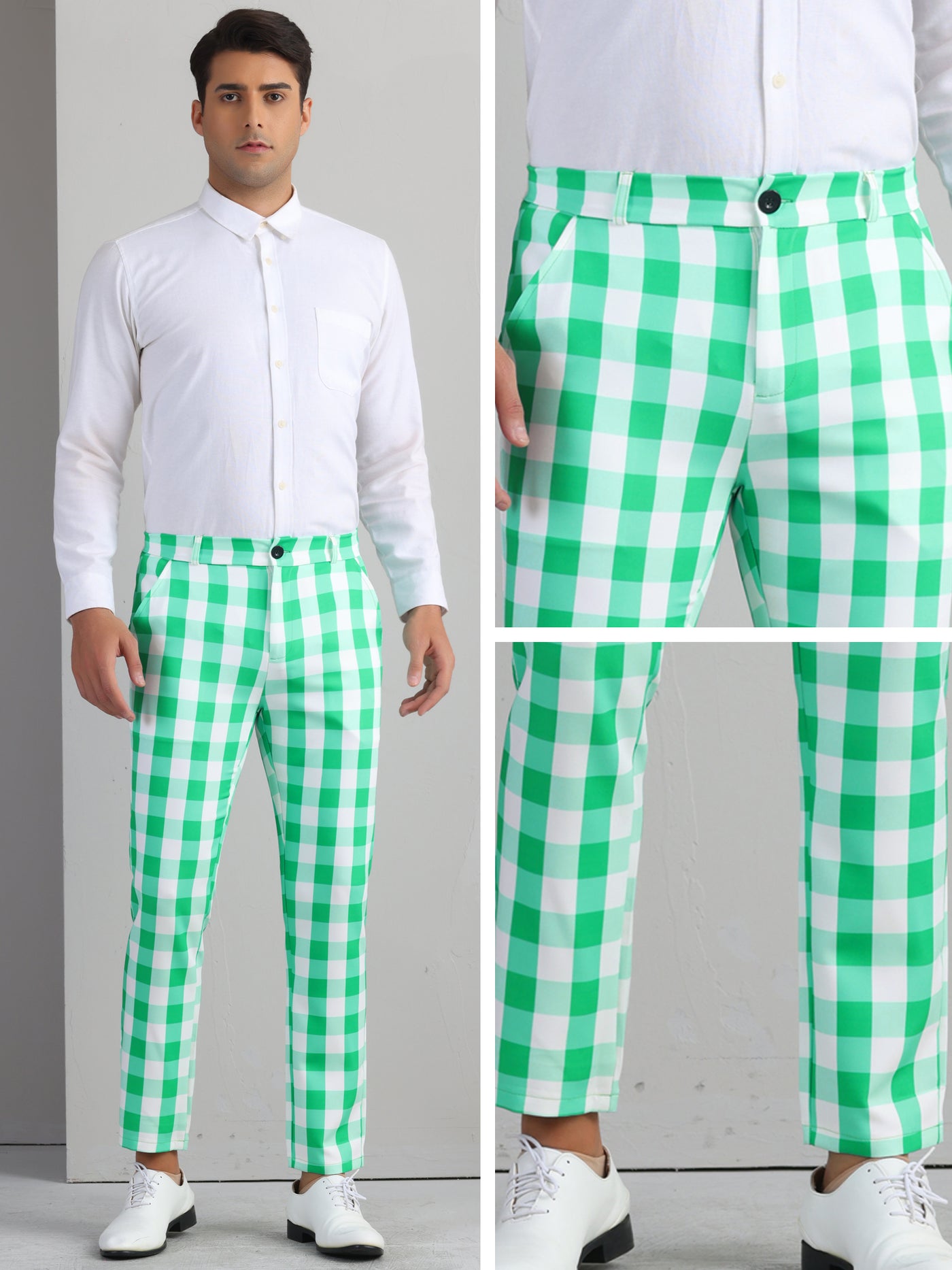 Bublédon Plaid Pants for Men's Regular Fit Flat Front Business Contrast Color Trousers