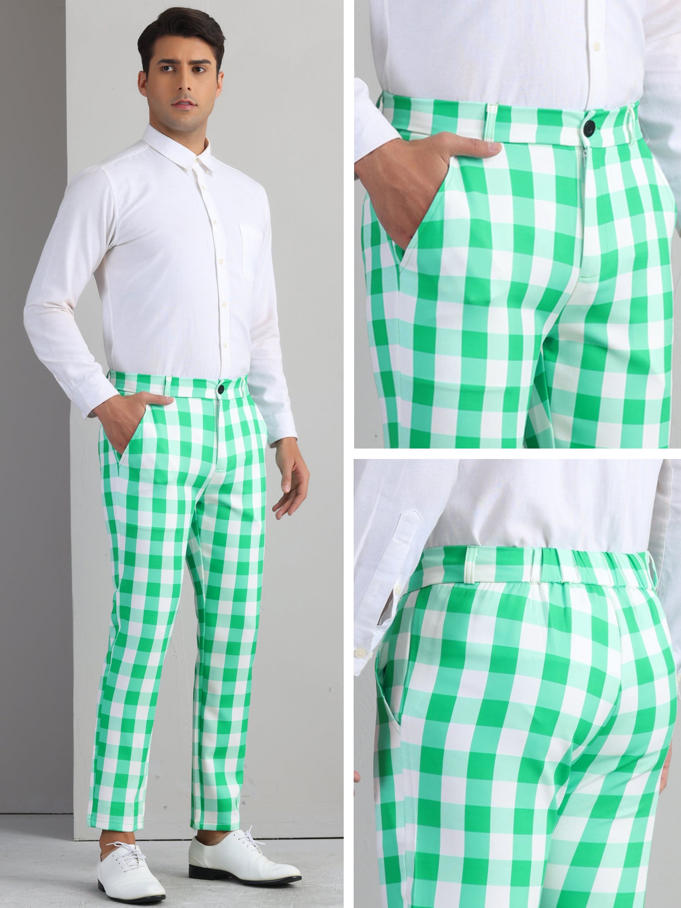 Bublédon Plaid Pants for Men's Regular Fit Flat Front Business Contrast Color Trousers