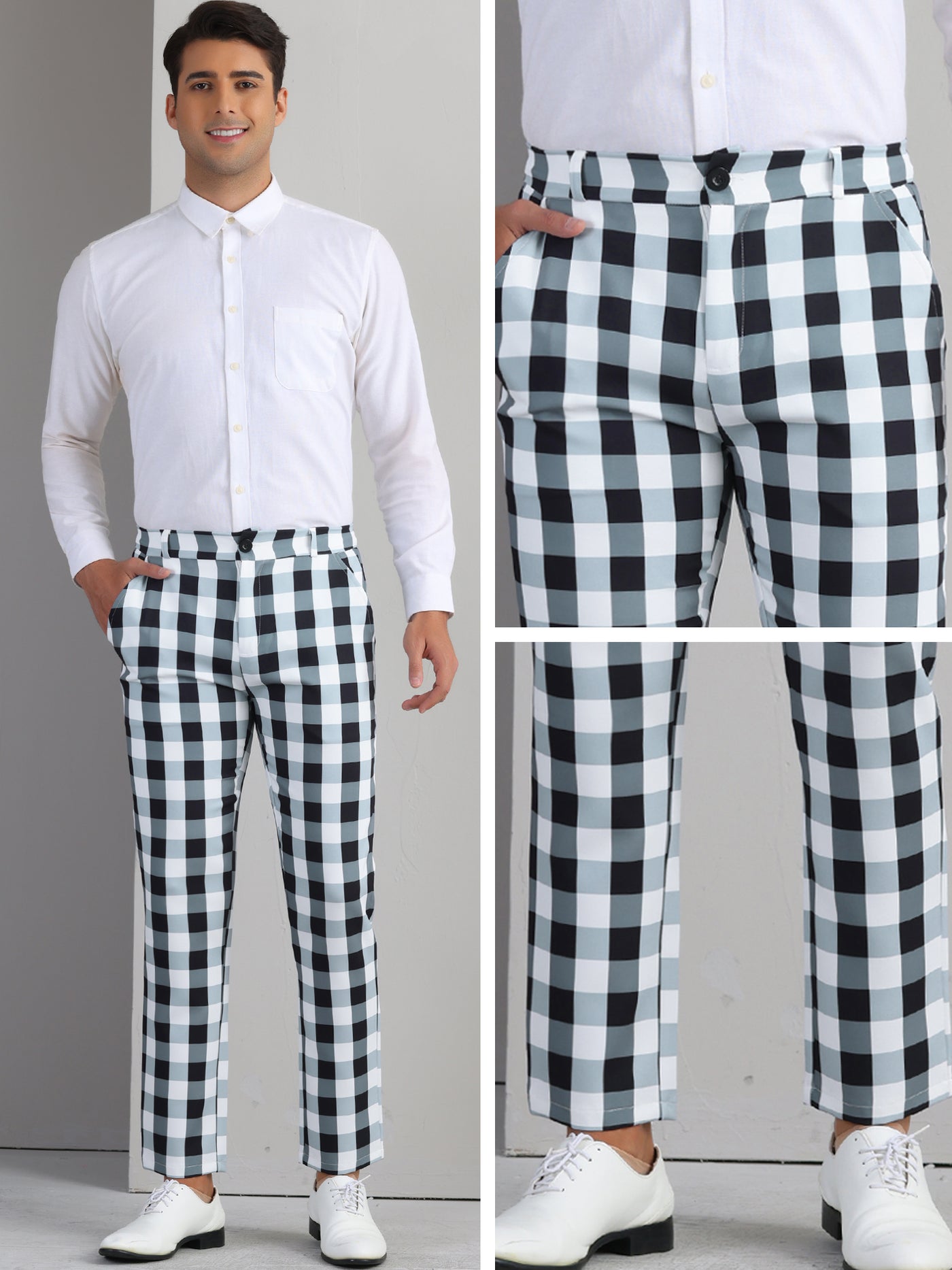 Bublédon Plaid Pants for Men's Regular Fit Flat Front Business Contrast Color Trousers