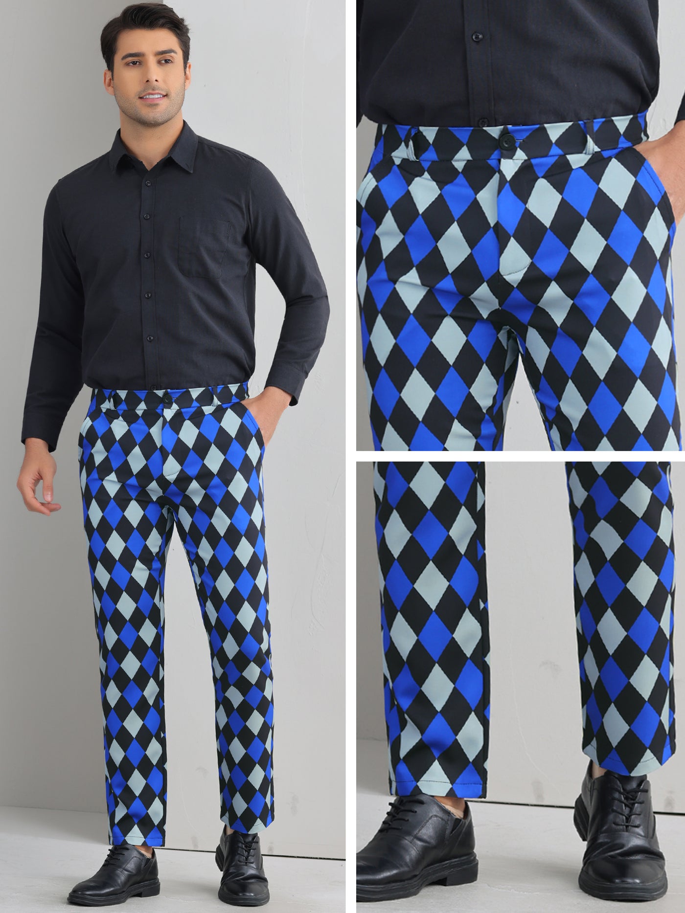 Bublédon Argyle Dress Pants for Men's Flat Front Straight Leg Plaid Printed Trousers