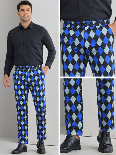 Argyle Dress Pants for Men's Flat Front Straight Leg Plaid Printed Trousers