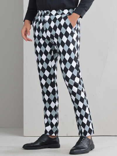 Argyle Dress Pants for Men's Flat Front Straight Leg Plaid Printed Trousers