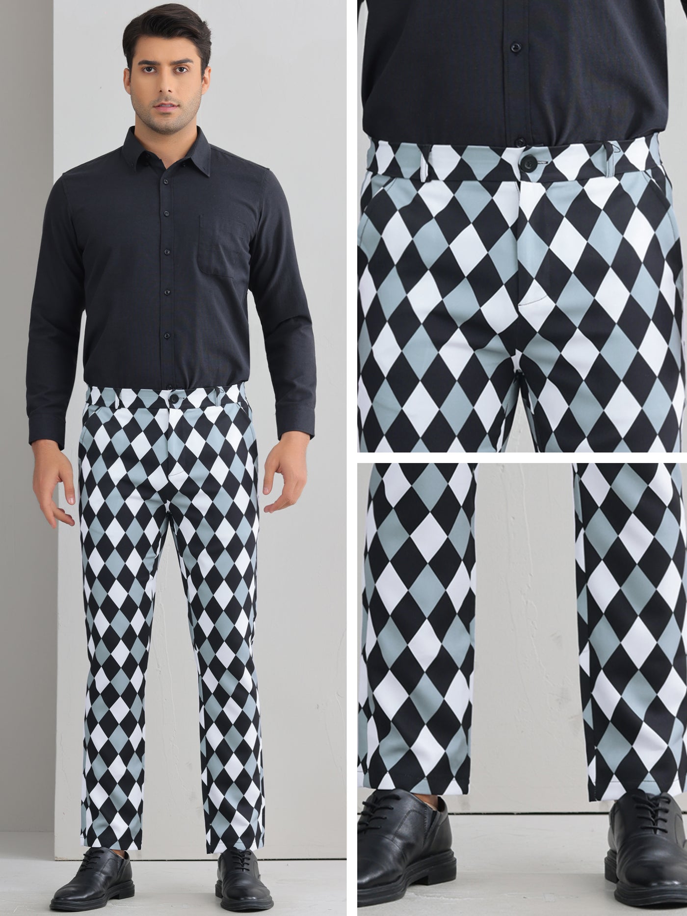 Bublédon Argyle Dress Pants for Men's Flat Front Straight Leg Plaid Printed Trousers