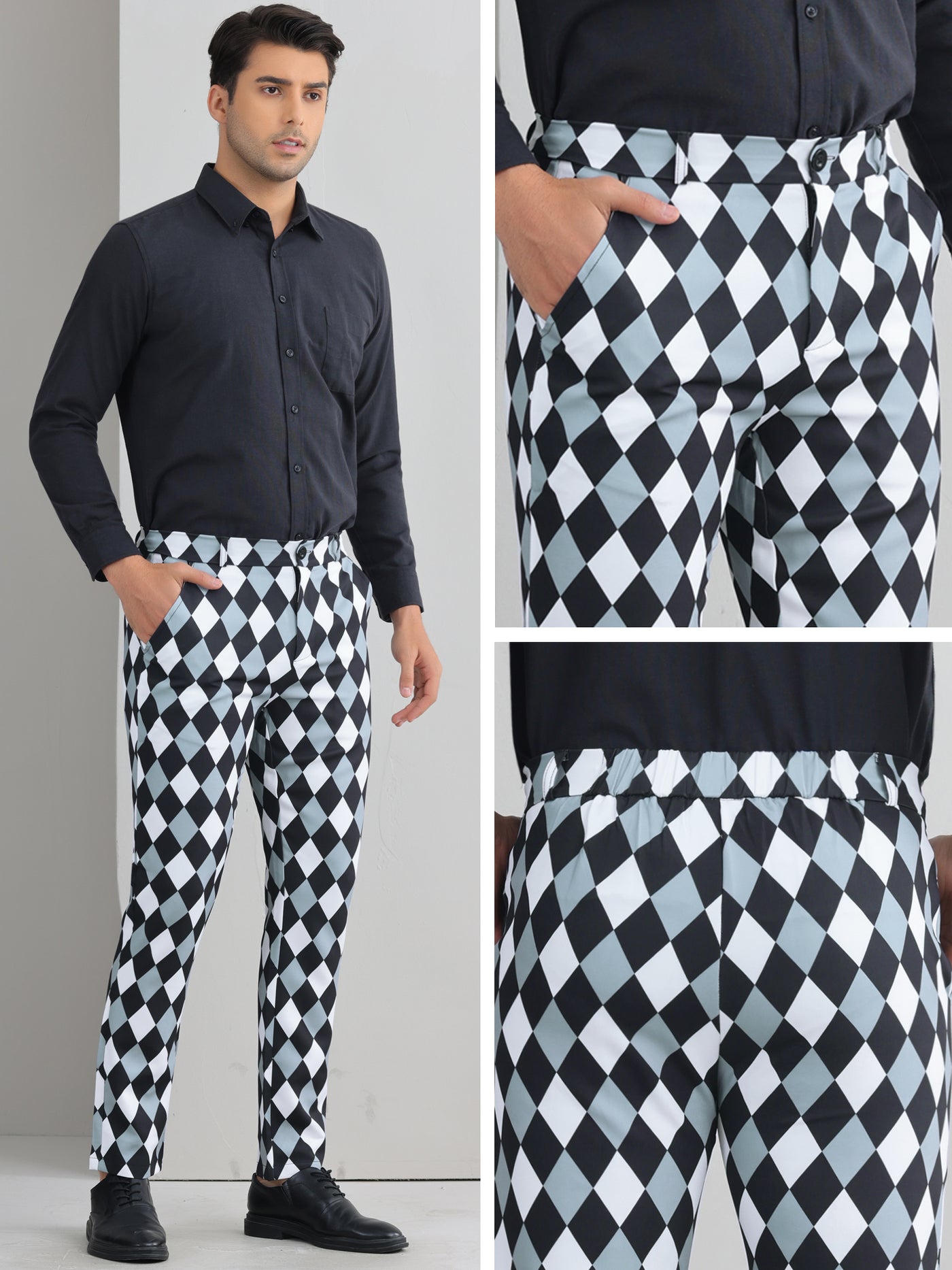 Bublédon Argyle Dress Pants for Men's Flat Front Straight Leg Plaid Printed Trousers