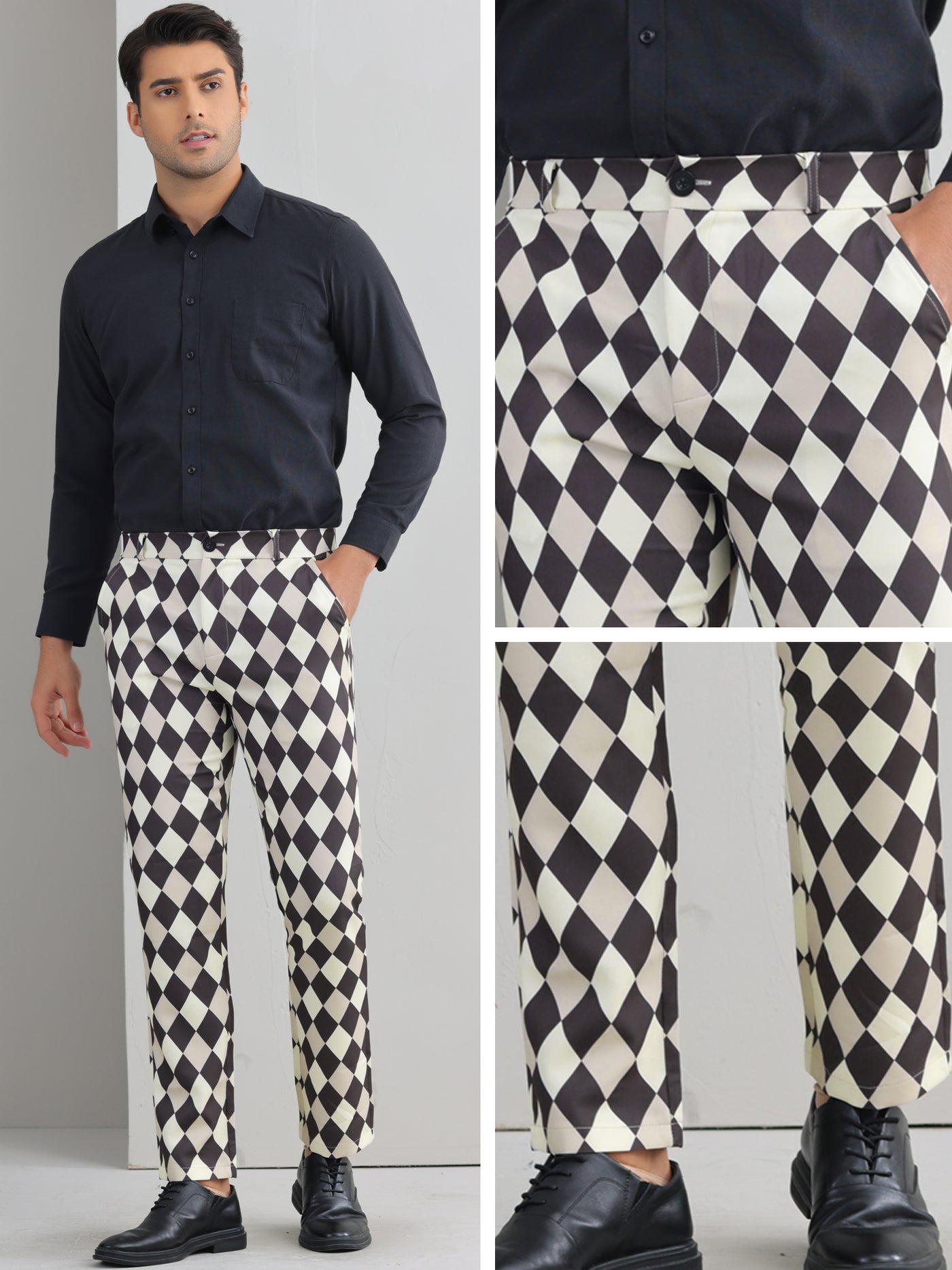 Bublédon Argyle Dress Pants for Men's Flat Front Straight Leg Plaid Printed Trousers