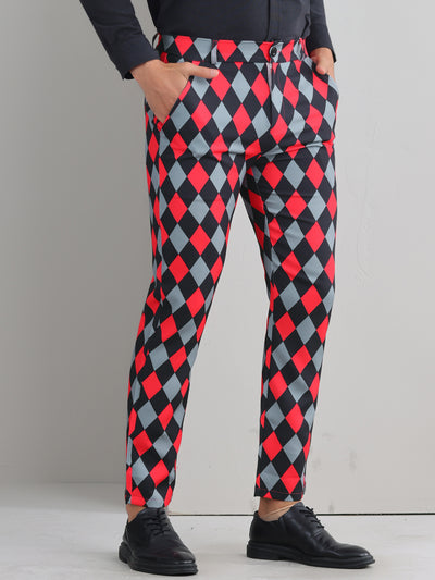 Argyle Dress Pants for Men's Flat Front Straight Leg Plaid Printed Trousers