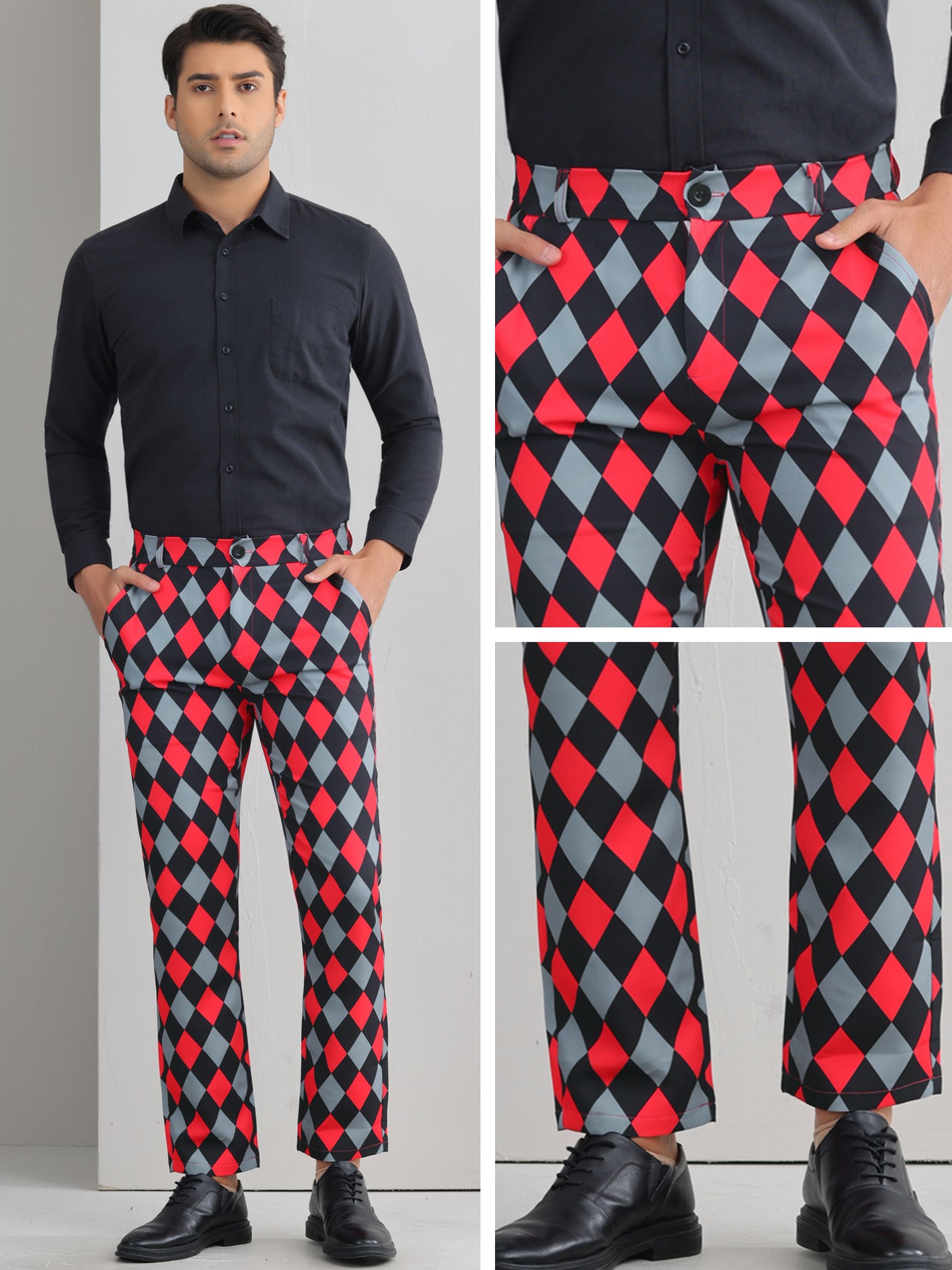 Bublédon Argyle Dress Pants for Men's Flat Front Straight Leg Plaid Printed Trousers