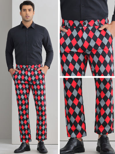 Argyle Dress Pants for Men's Flat Front Straight Leg Plaid Printed Trousers