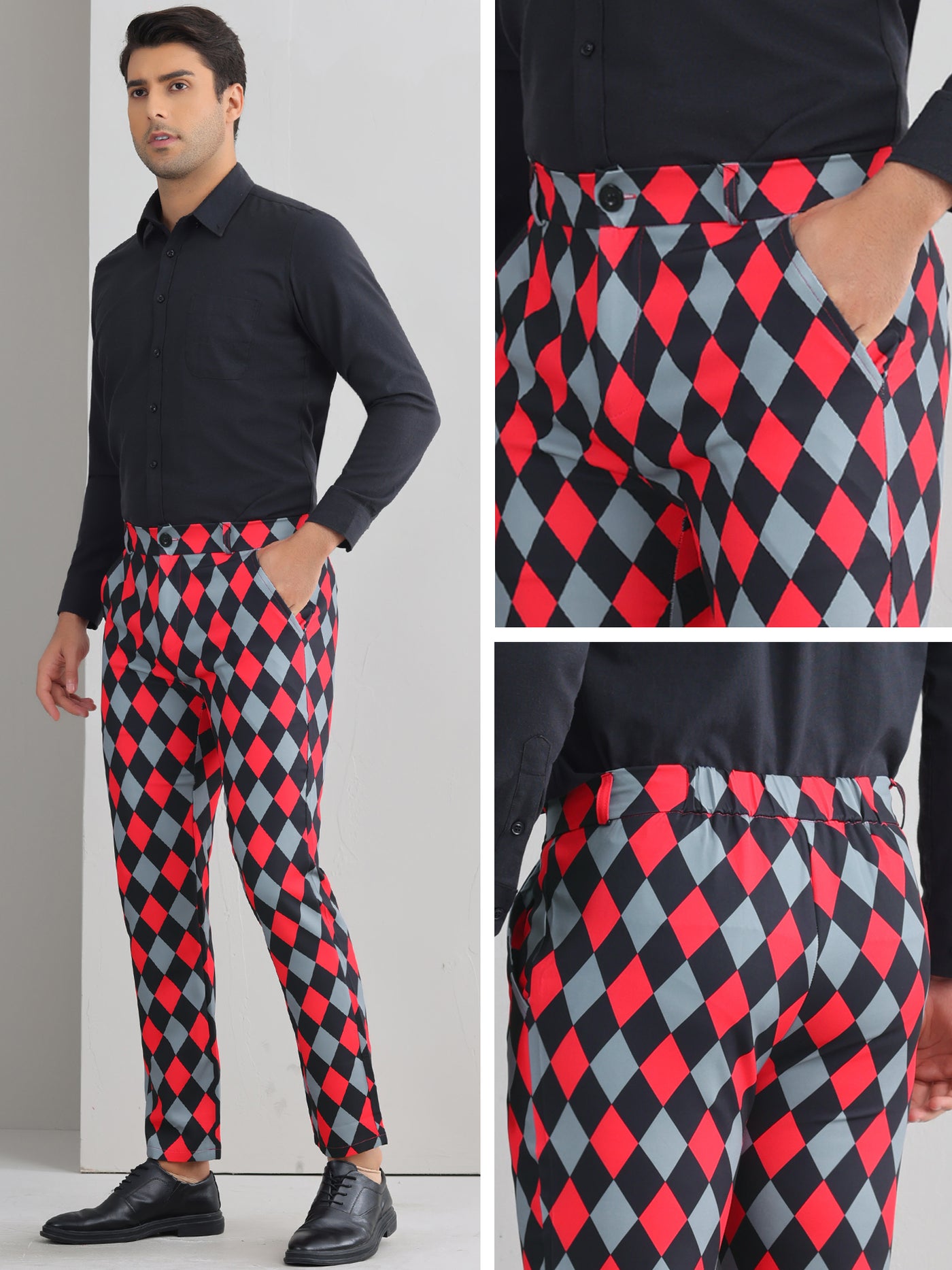 Bublédon Argyle Dress Pants for Men's Flat Front Straight Leg Plaid Printed Trousers