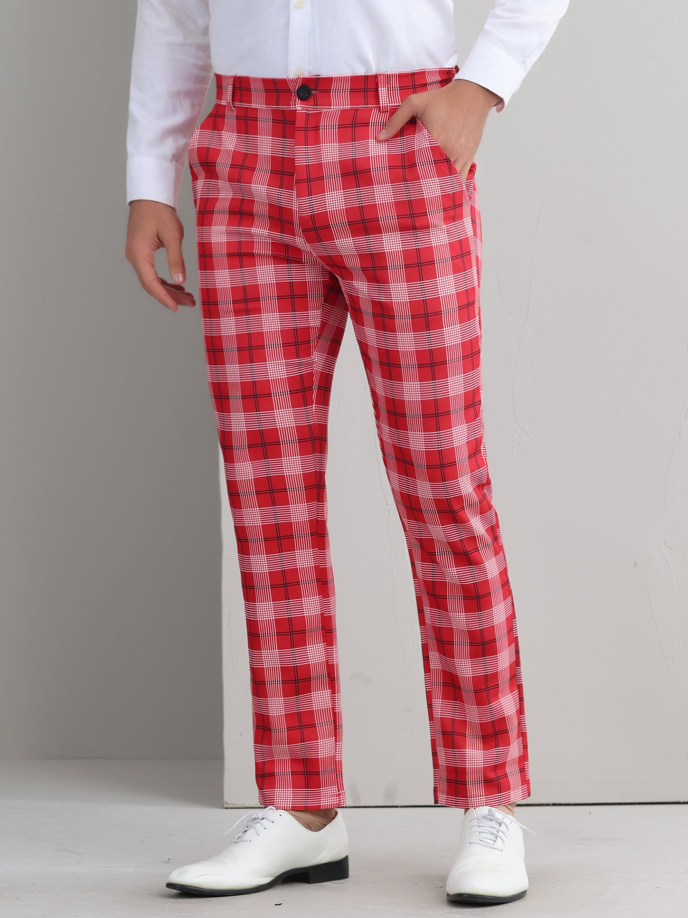 Bublédon Plaid Pants for Men's Color Block Straight Leg Checked Pattern Chino Trousers